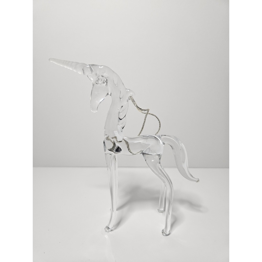 Vintage Blown Glass Unicorn Christmas Ornament Clear Frosted Horn Fantasy Mini